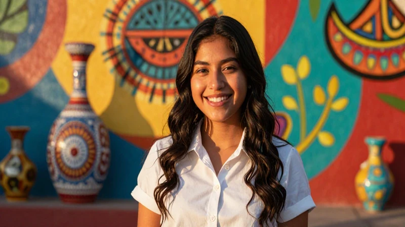 Estudiante mexicano sonriente con fondo vibrante