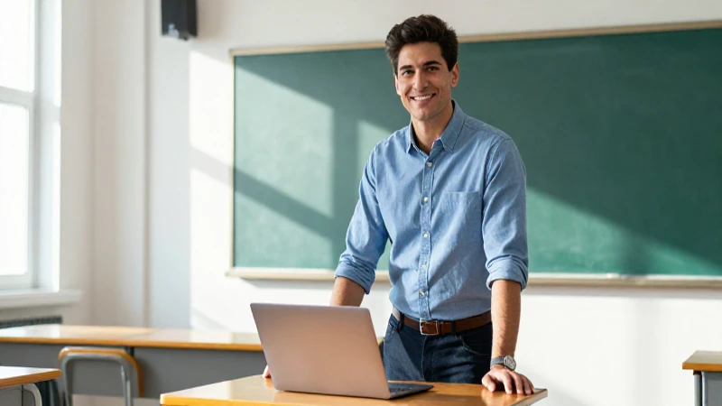 Profesor seguro en un aula moderna