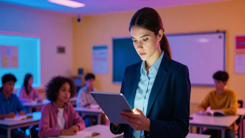 Maestra moderna con tablet en clase