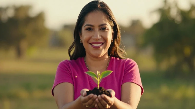 Madre mexicana sonríendo con su planta en dorado