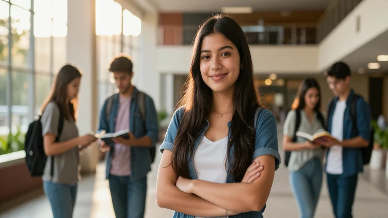 Joven mexicana segura en moderno campus universitario
