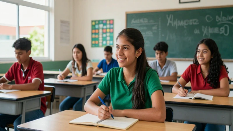Estudiantes mexicanos felices en aula moderna y brillante
