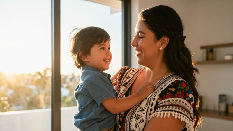 Madre e hijo mexicanos alegres al atardecer