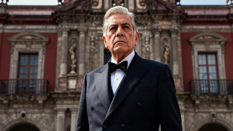 Retrato potente de político mexicano frente a arquitectura histórica