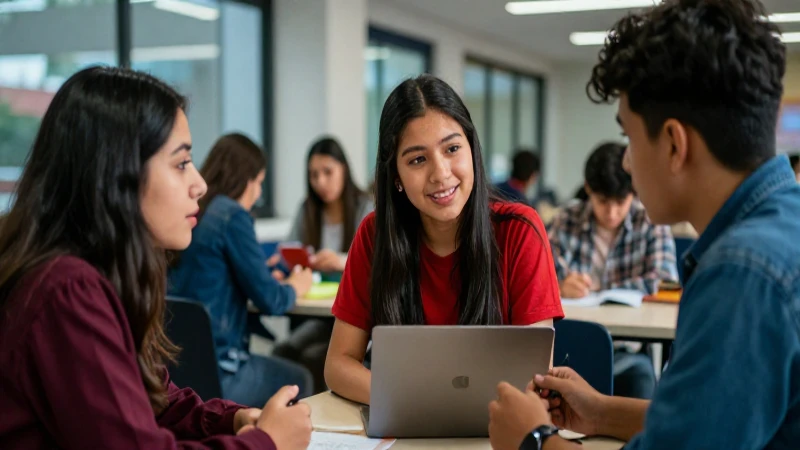 Estudiantes mexicanos colaborando en campus moderno