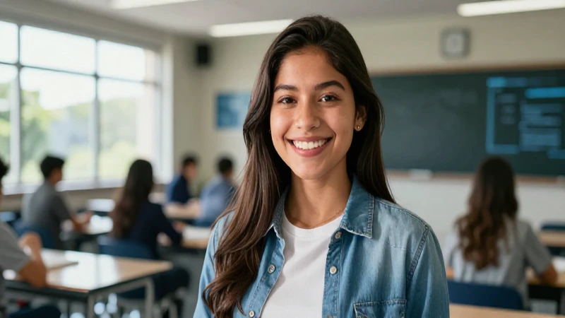 Estudiante mexicano sonriendo en aula moderna