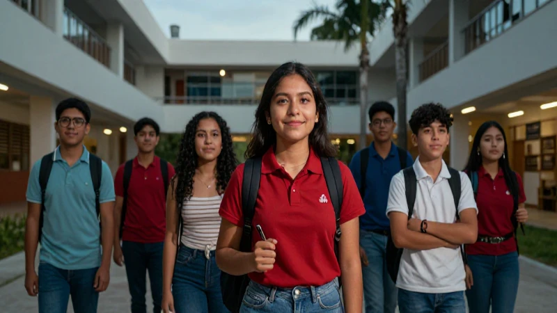 Estudiantes mexicanos en campus moderno y dramático