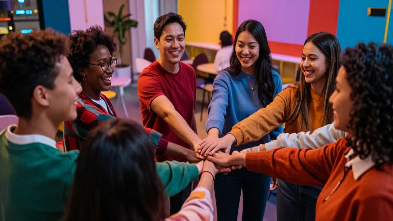 Diversos sonreír en un espacio comunitario moderno vibrante