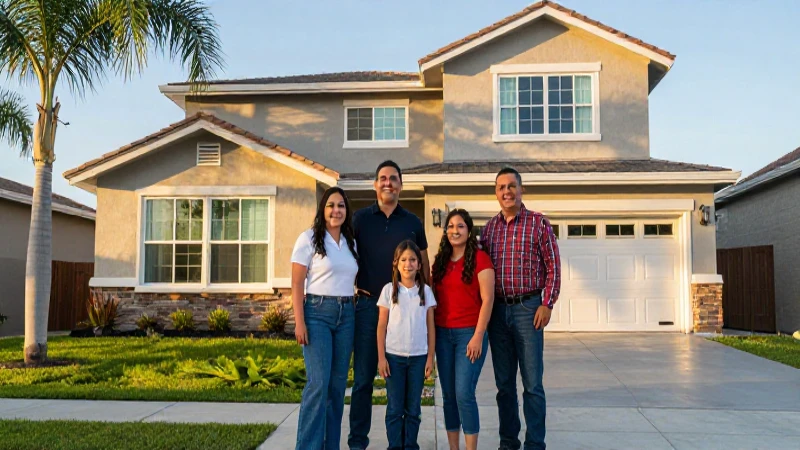 Familia mexicana orgullosa en casa moderna al atardecer