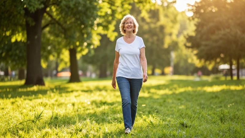Mujer sonriente paseando en parque al atardecer