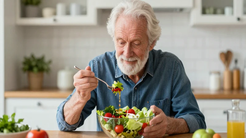 Senior saludable disfruta de una ensalada colorida