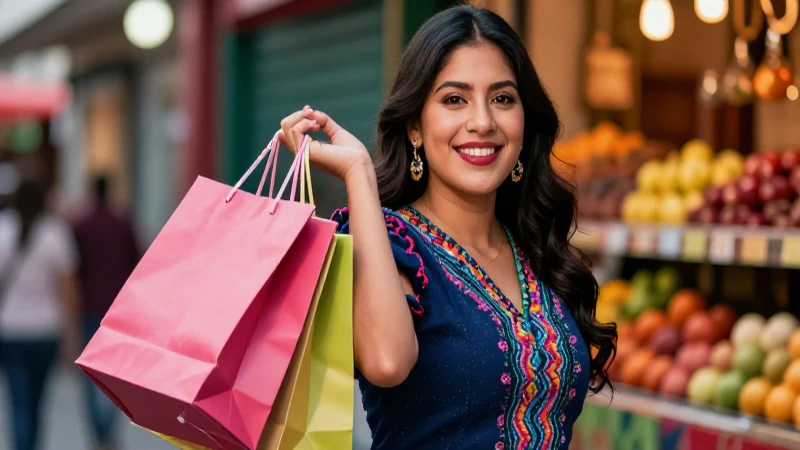 Mujer mexicana sonriente con bolsa de compras