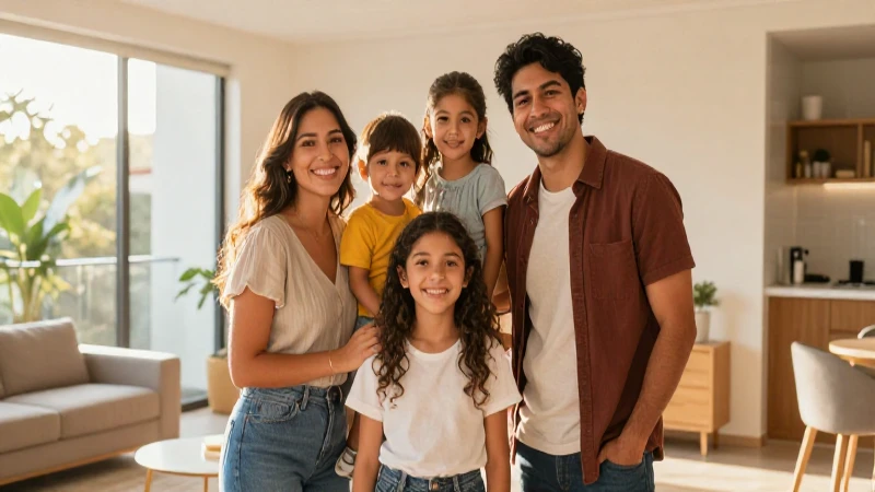 Familia mexicana feliz en casa moderna y dorada