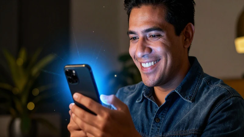 Hombre mexicano feliz con smartphone brillante