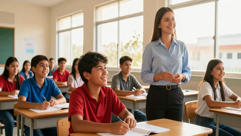 Alumnos mexicanos felices con su maestra sonriente