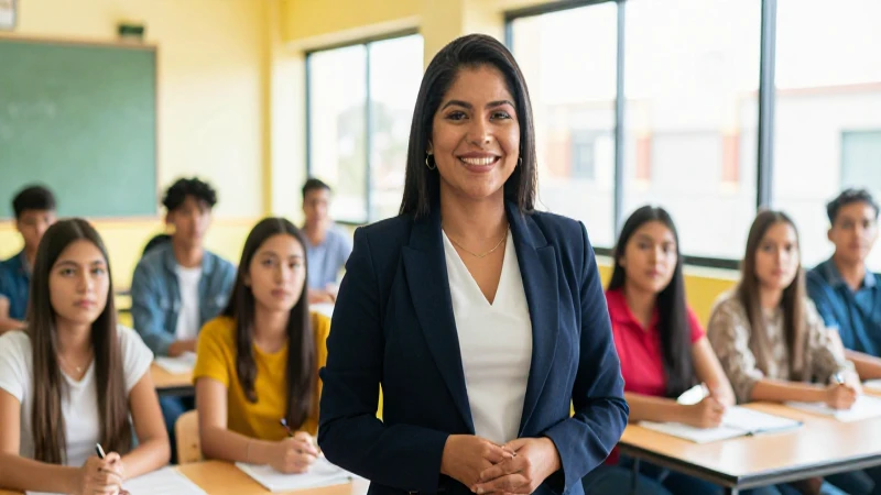 Profesora mexicana sonriendo con alumnos en aula