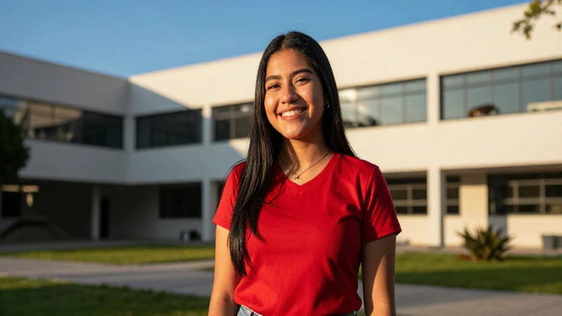 Estudiante sonriente en campus universitario moderno