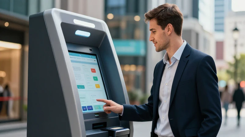 Joven profesional en kiosco financiero moderno