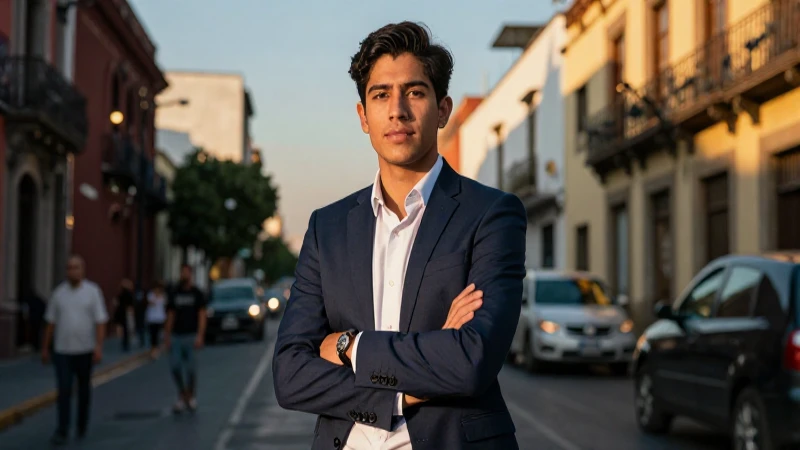 Joven profesional vibrante en México al atardecer