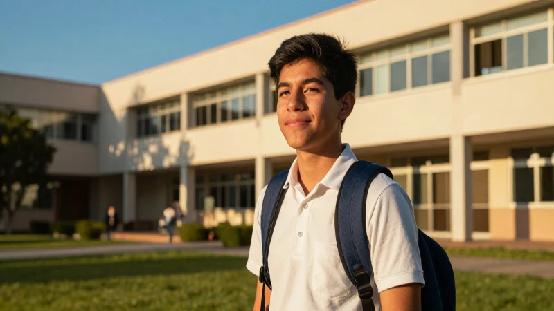 Estudiante mexicano exitoso en moderno campus universitario