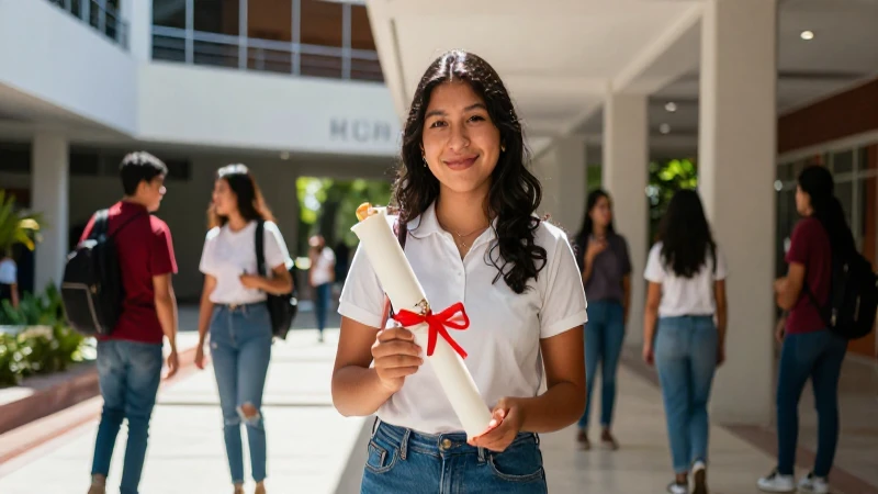 Estudiante mexicano exitoso en campus moderno