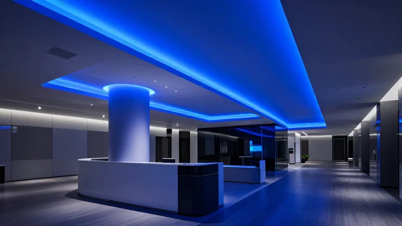 Interior corporativo moderno con iluminación azul dramática