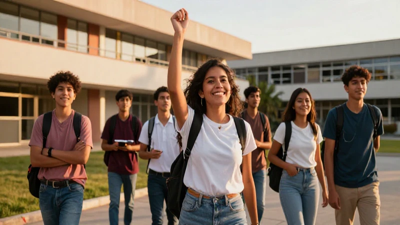 Jóvenes mexicanos exitosos en campus universitario al atardecer