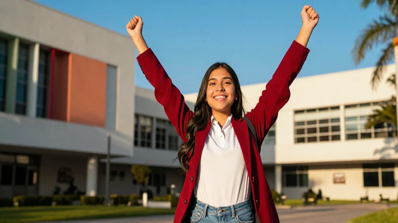 Estudiante universitario triunfante en campus moderno y dorado