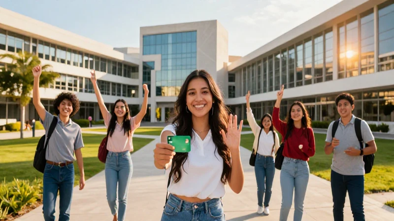 Estudiantes exitosos en campus moderno y cajeros Bienestar