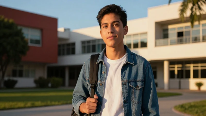 Retrato dinámico de estudiante mexicano en campus