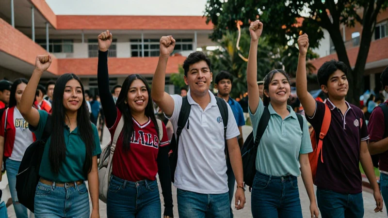 Estudiantes mexicanos celebrando éxito académico en un campus vibrante