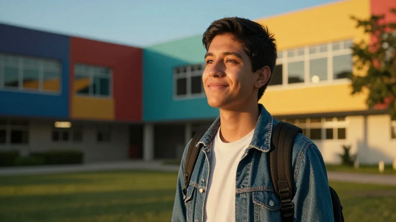 Joven mexicano optimista en campus moderno