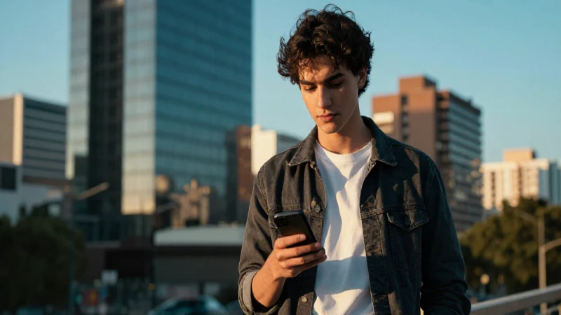 Joven en ciudad, foto cinemática con móvil