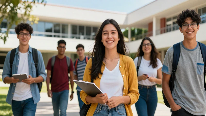 Jóvenes mexicanos en campus moderno y dinámico