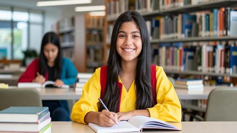 Estudiante mexicano sonríe en la biblioteca moderna
