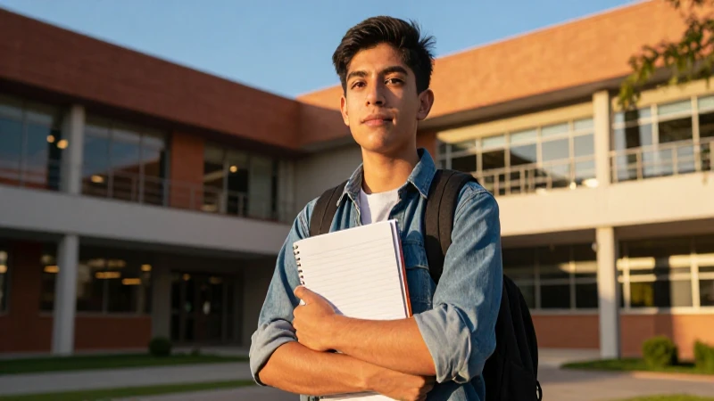 Estudiante mexicano exitoso en campus moderno