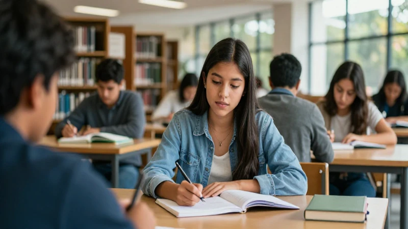 Estudiante mexicano estudia con determinación en la biblioteca