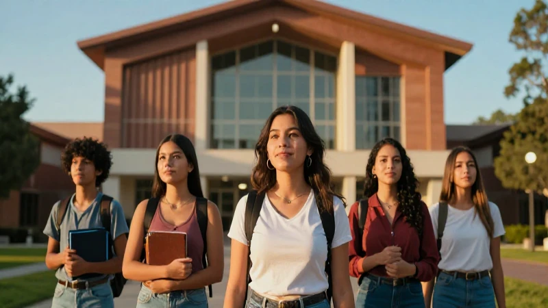 Estudiante mexicano exitoso en campus moderno y dorado