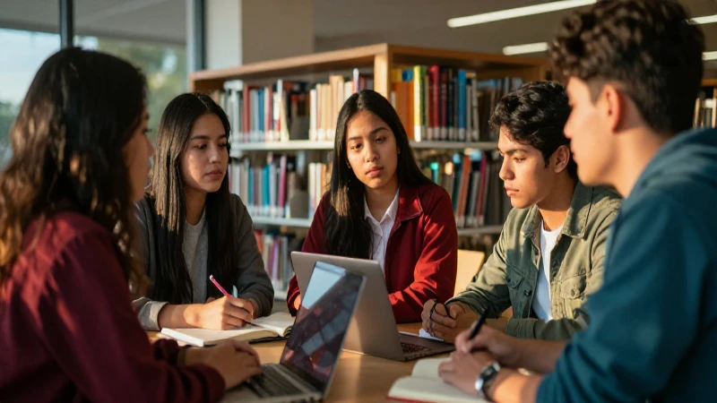 Estudiantes mexicanos colaborando en una biblioteca vibrante