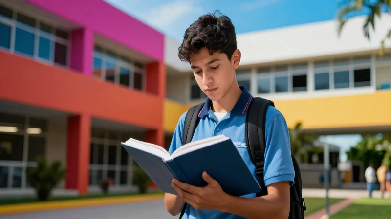 Estudiante mexicano en campus moderno con libro