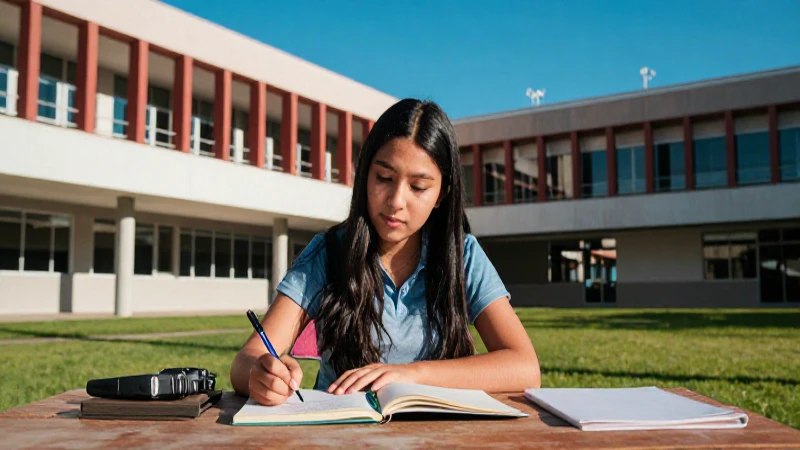 Estudiante mexicano estudia en campus moderno