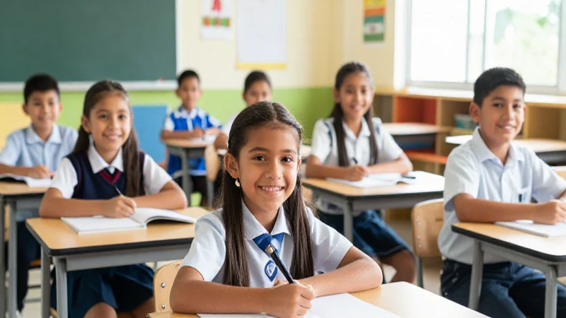 Niños mexicanos sonriendo en aula moderna
