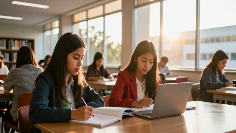 Estudiantes mexicanos en biblioteca con luz dorada