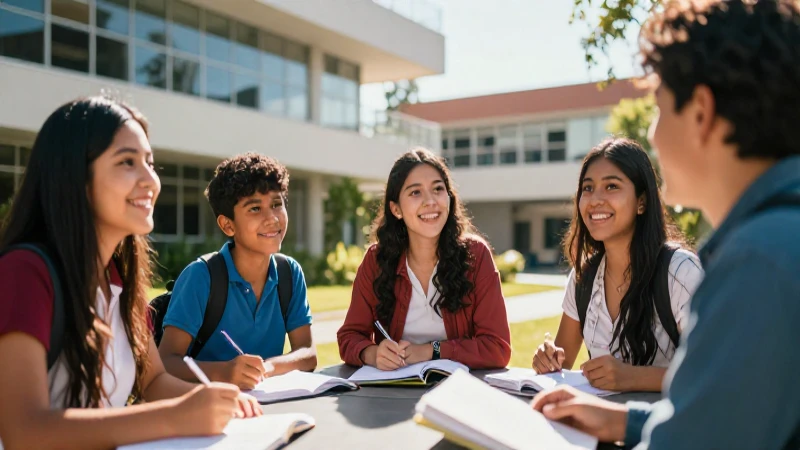 Estudiantes mexicanos en campus vibrante y moderno