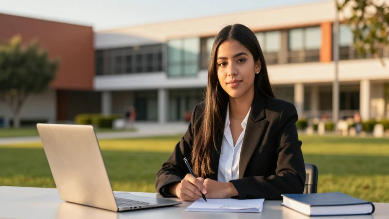 Estudiante mexicana confiada en moderno campus universitario