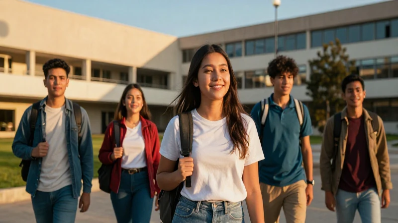 Jóvenes mexicanos en universidad al atardecer