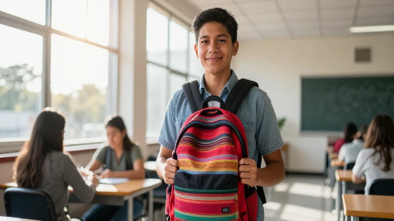 Joven mexicano con mochila vibrante en entorno educativo