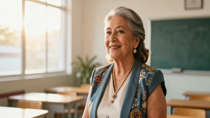 Mujer mexicana elegante en aula con luz dorada
