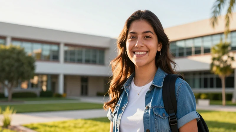 Estudiante mexicana sonríe en campus brillante y dorado