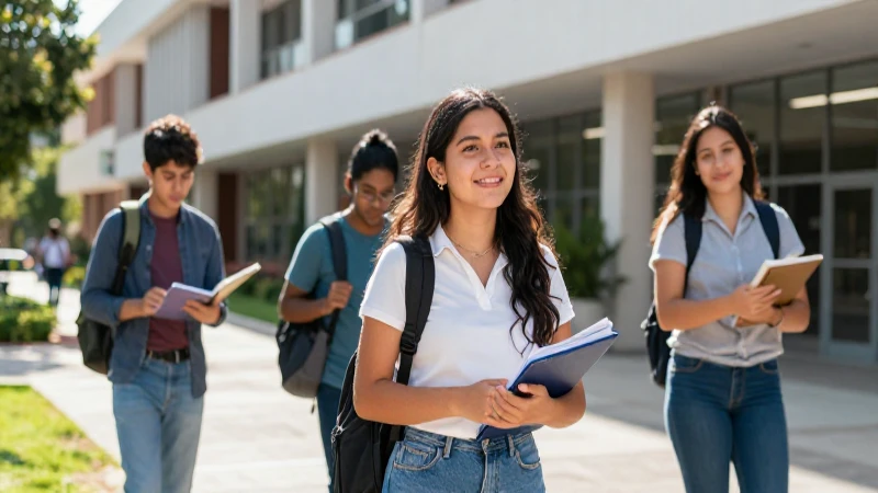 Estudiantes mexicanos en un campus universitario moderno y luminoso